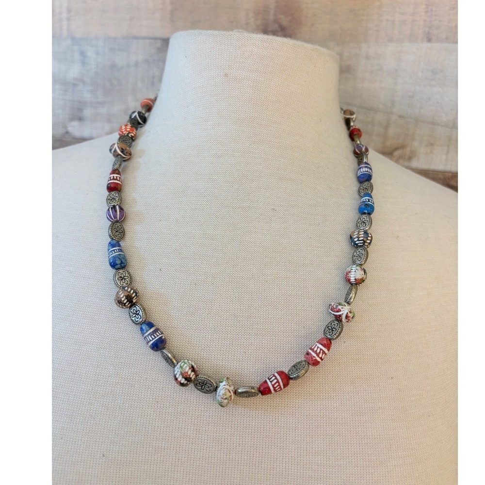 Multicolor Hand Painted Beaded Necklace Silver Tone Floral Spacers 24 Inch Boho